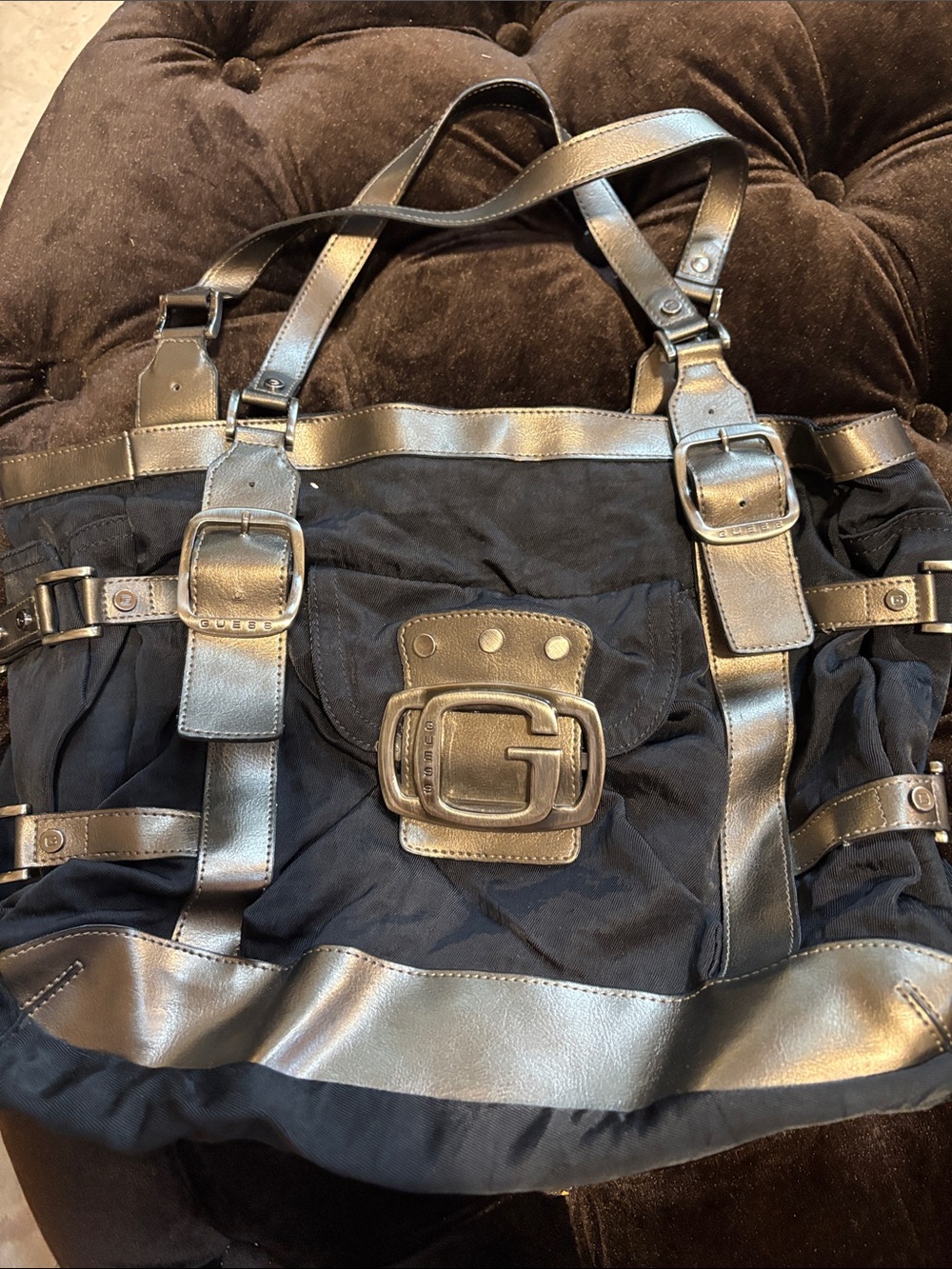 Guess Black Duffel Tote with Metallic Silver Accents